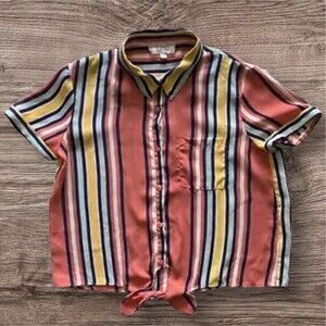 Pink Rose Womens Top Tie Front Waist Button Up Striped Pocket Coral Blue Medium